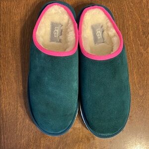 UGG Green Suede Slippers with Pink Trim